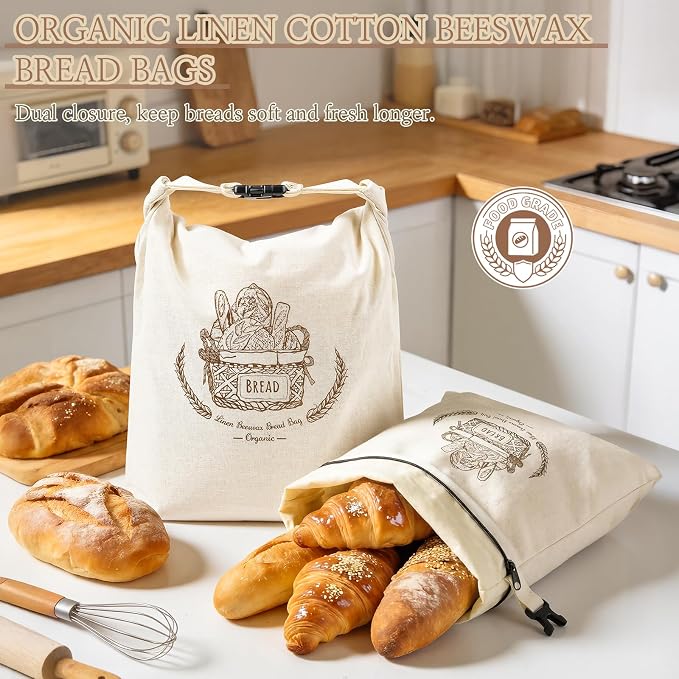 VIS'V Linen Cotton Beeswax Bread Bag with Zippper, 16.7 x 12.8 In, 1 Pcs | XL Size, Dual Seal, Reusable, Freezer Safe, Fits for Homemade Breads, Sourdough, Store Bought Breads