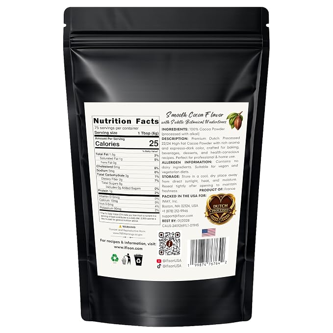 ifison Dutch Processed Cocoa Powder Unsweetened Espresso Dark Chocolate 1lb | Extra Fine French Cocoa, Enhanced Aroma, Perfect for Baking, Frostings, Hot Chocolates, Ice Creams, Smoothies - Gluten Free
