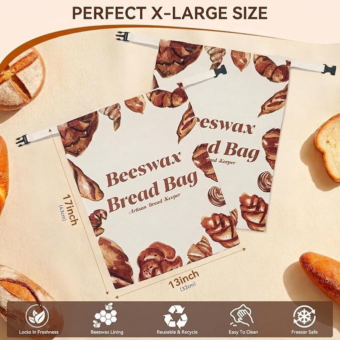 2 Pack Beeswax Bread Bags for Sourdough, Reusable Natural XL Linen Beeswax Bread Bag with Zipper for Homemade Sourdough, 17 x 13 Inches Freezer-Friendly Large Capacity Portable