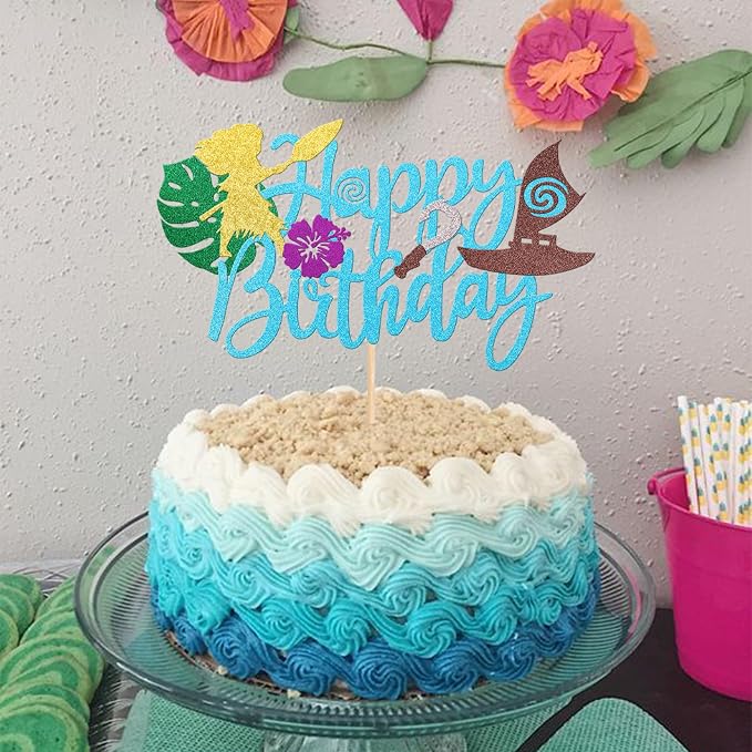 1 PCS Moana Happy Birthday Cake Topper Glitter Palm Leaf Flower Moana Cake Pick for Tropical Hawaiian Luau Theme Baby Shower Kids Birthday Party Cake Decorations Supplies Blue