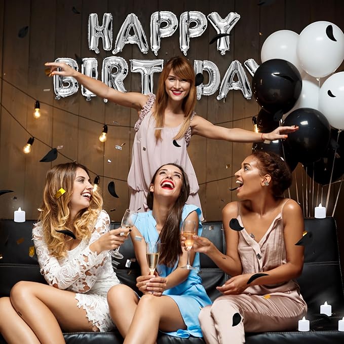 Black and Silver Happy Birthday Balloons Decorations Happy Birthday Letter Balloons Banner with 24pcs Flameless LED Candles and 2000pcs Artificial Rose Petals for Women Men Room Party Decor