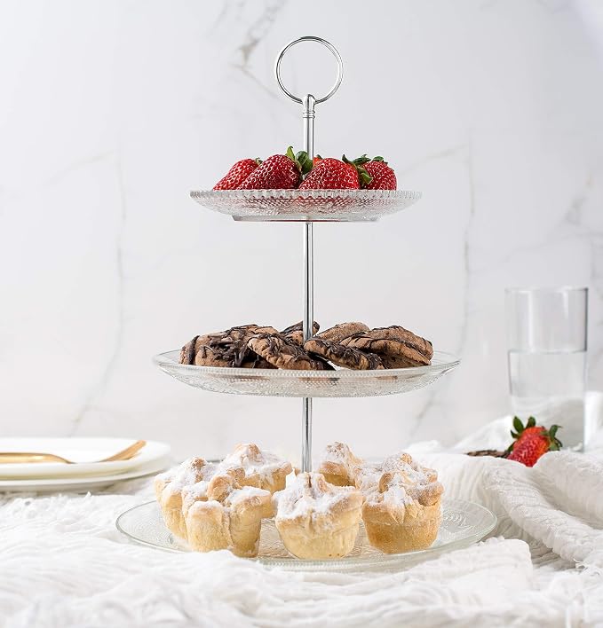 Royalty Art 3-Tiered Serving Stand (Glass) Beautiful, Elegant Dishware Serve Snacks, Appetizers, Cakes, Candies Durable, Reusable Party or Holiday Hosting (Silver) (1) (2)