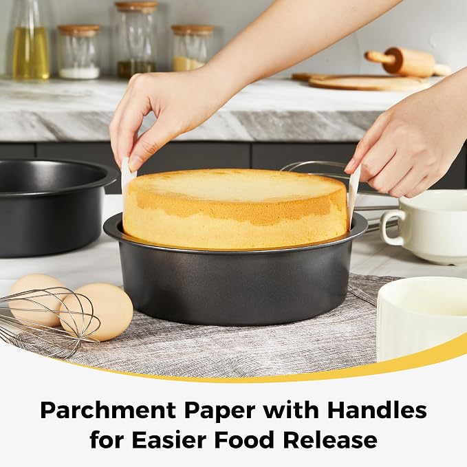 HONGBAKE 8 Inch Round Cake Pan Set for Baking with 60 Pieces Parchment Paper, Nonstick Deeper Circle Cake Pans Set of 2, Layer Cake Tin, Cheesecake Mold, Huty Duty - Grey