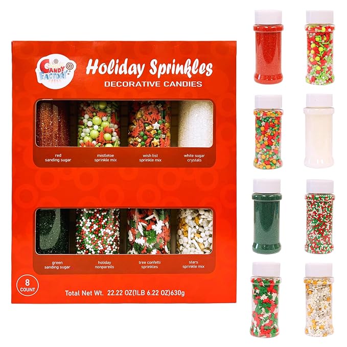 Sarah's Candy Factory Holiday Cake Cookie Sprinkles Set 8 Count 22.22 Oz | Cookie Sprinkles For Christmas, Party, Kosher, Sanding, Crystal, Nonpareils, Tree Confetti and Stars Different Types in Jar