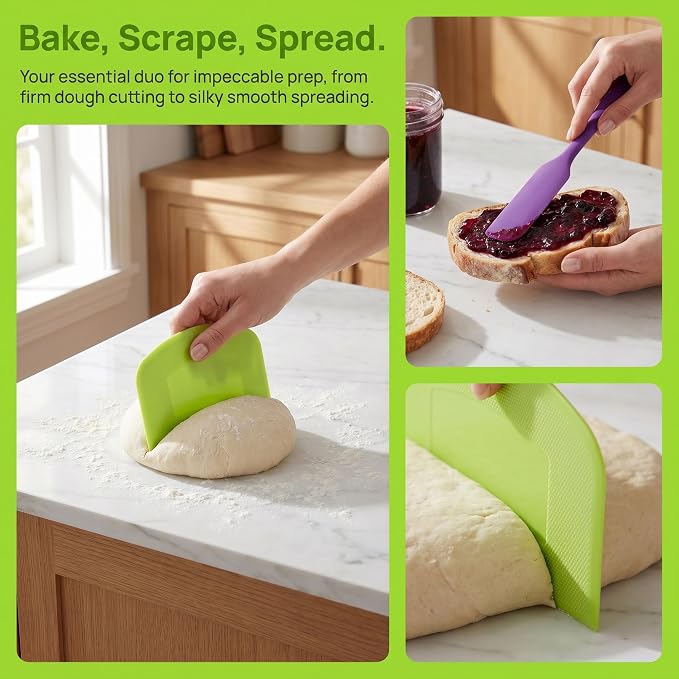 3 Pcs Silicone Jar Spatula Set + 4 Pcs Plastic Dough Bench Scraper, Heat Resistant Cream Butter Spreader, Flexible Bowl Scraper, Non-Slip Kitchen Baking Tools for Cake, Bread, Pastry Mixing