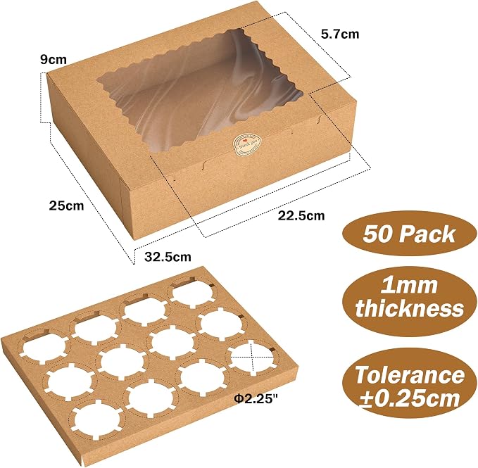 50 PCS 12 Count Cupcake Boxes Bulk for Dessert | Brown,Clear Window,Kraft,Cupcake Containers,Dozen,Deep,Cupcake Carrier With Inserts&Sticker,for Party, Birthday,Holiday,Gift
