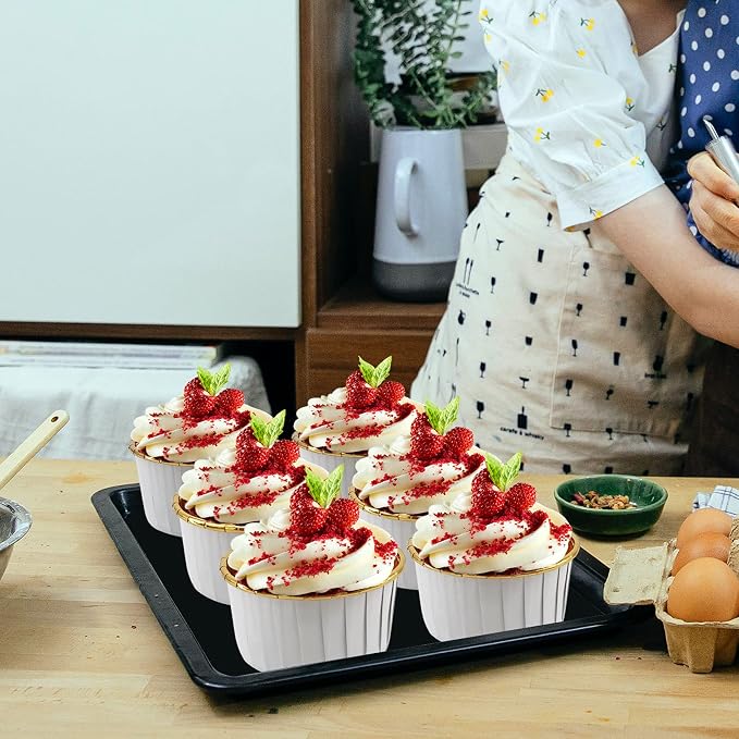 LNYZQUS 5.5 Oz Foil Cupcake Tins Baking Cups, Disposable Ramekins Muffin Tins, Large Cupcake Cups with Spoons-White in Gold