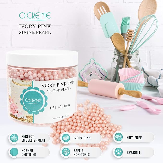 O'Creme Pink-Ivory Edible Sugar Pearls Cake Decorating Supplies for Bakers: Cookie, Cupcake & Icing Toppings, Beads Sprinkles For Baking, Certified, Candy Sugar Ball Accents (10mm, 16 Oz)