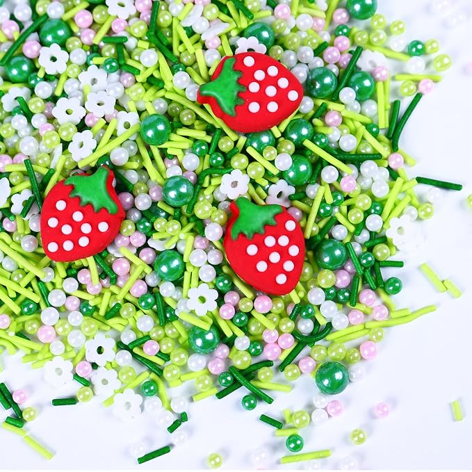 Edible Strawberry Cake Decorations, Spring Sprinkles, Edible Pearls, Jimmies Green Sprinkle, Perfect for Weddings, Parties, Spring Theme with 4 Strawberries (3.5oz/100g)