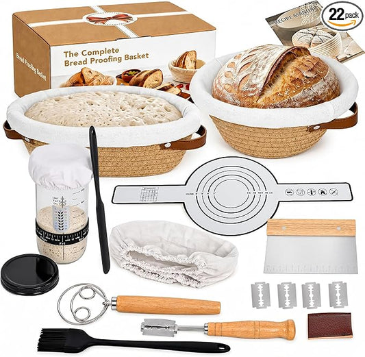 Sourdough Starter Kit with Round & Oval Banneton, Sourdough Bread Baking Supplies, Bread Proofing Basket Set with Glass Starter Jar, Sour Dough Bread Making Tools Kit for Women Mom Wife Beginners