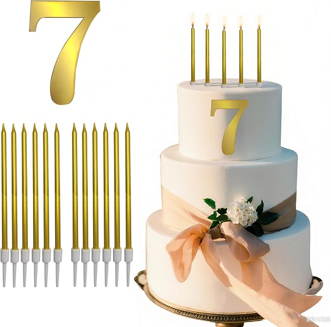 3.7IN Gold Acrylic Number 7 Cake Topper with 12 Gold Long Candles - Perfect for 7th Birthday Party Supplies, Ideal for Cake Decoration