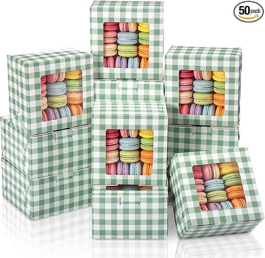 50 Pack Sage Green Gingham Cookie Boxes with Window, Plaid Small Bakery Treat Boxes for Pastry Donuts Macaroon Cupcakes, Wedding Bridal Shower Birthday Tea Party Baby Shower Favors