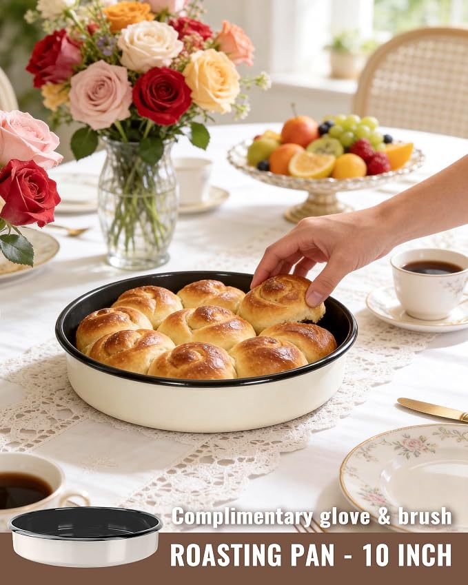 10 inch Enamel Cake Pan Round Roasting Pan Roaster Tray Non-Stick High Temperature Resistance Cookware for Baking Bread Pie, Easy-To-Clean Oven Dishwasher Safe Birthday Gift Pan