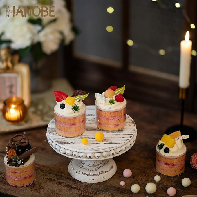 Hanobe Small Wood Cake Stand: White Cupcake Pedestal Stand 8 inch Dessert Display Riser Rustic Round Cakes Holder Tray Vintage Beads Wooden Plate for Wedding Birthday Decor