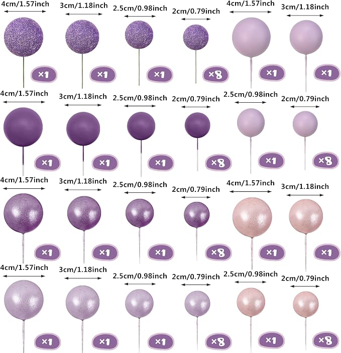 66 PCS Colorful Ball Cake Picks for Cake Decoration Purple Series with 6 Vibrant Colors Pearl Ball Shaped Cupcake Toppers for Birthday Party and Wedding Supplies