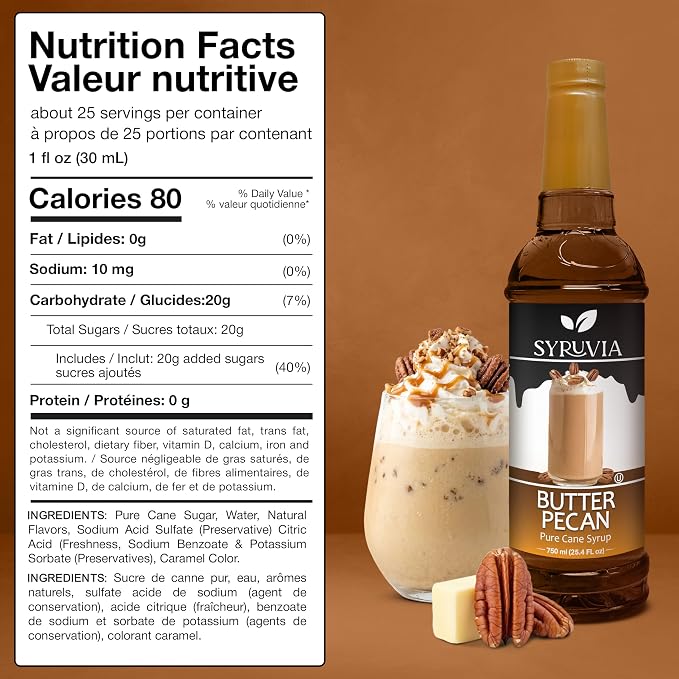 Syruvia Coffee Syrup, Butter Pecan Flavored Syrup for Drinks, Lattes, and Desserts – 25.4 fl oz - with Pump