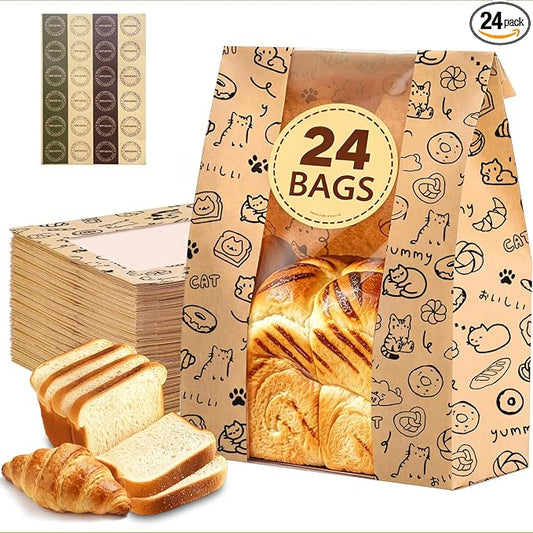 24PCS Paper Bread Bags for Homemade Bread and Sourdough, Clear Window Bakery Bags for Storage and Gifting, 50% Thicker Kraft Material, Includes Sealing Stickers