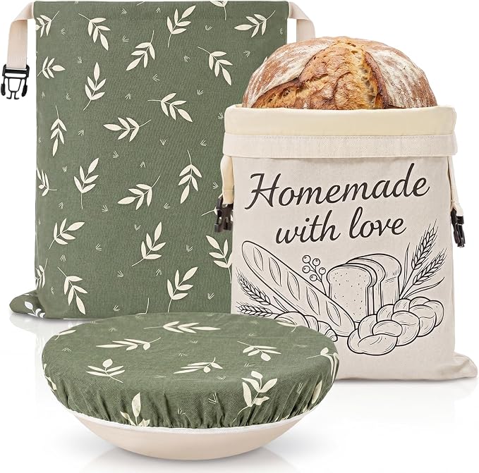Mindsoft Beeswax Bread Bag for Sourdough, 12×15" Reusable Linen Dough Bag with Buckle, 10" Proofing Bowl Cover, Natural Beeswax Bread Storage for Homemade Sourdough Breads Freshness Freezer