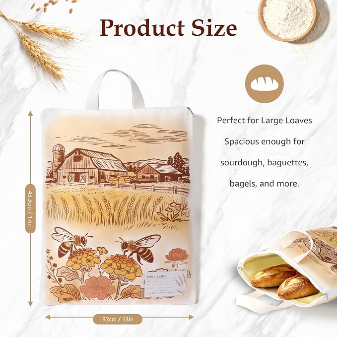 2 Pack Beeswax Bread Bags for Sourdough, 17x13 Inch Reusable Cotton Bread Storage Bags with Zipper and Handle Natural Beeswax Lining Freezer Friendly with 10 Food Labels Included (Farm Bees)