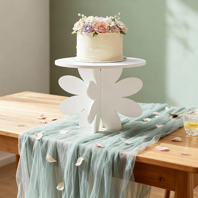 Lallisa 12" Groovy Daisy Cake Stand White 3D Floral PVC Groovy Party Decorations with Engraved Flower Holder Dessert Stand Centerpieces for Wedding Birthday Spring Tea Garden Themed Party Supplies
