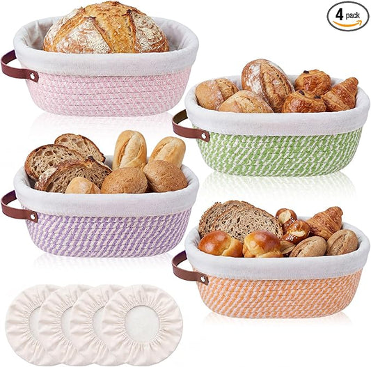 4 Pack Oval Banneton Bread Proofing Basket Set, 10'' Natural Cotton Rope Sourdough Proofing Basket with Liners & Handle Artisan Sourdough Bread Baking Supplies for Home Bakers(Pastel)