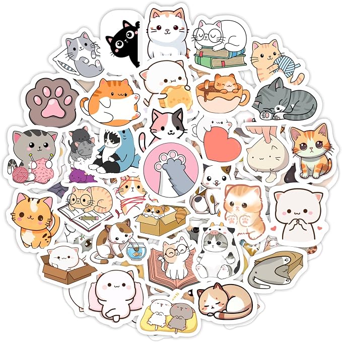 100Pcs Cute Cat Stickers Kawaii for Water Bottle and Laptop - Cute Cat Party Supplies & Decorations, Waterproof Vinyl Decals, Kawaii and Animal Stickers, Gifts for Women & Men