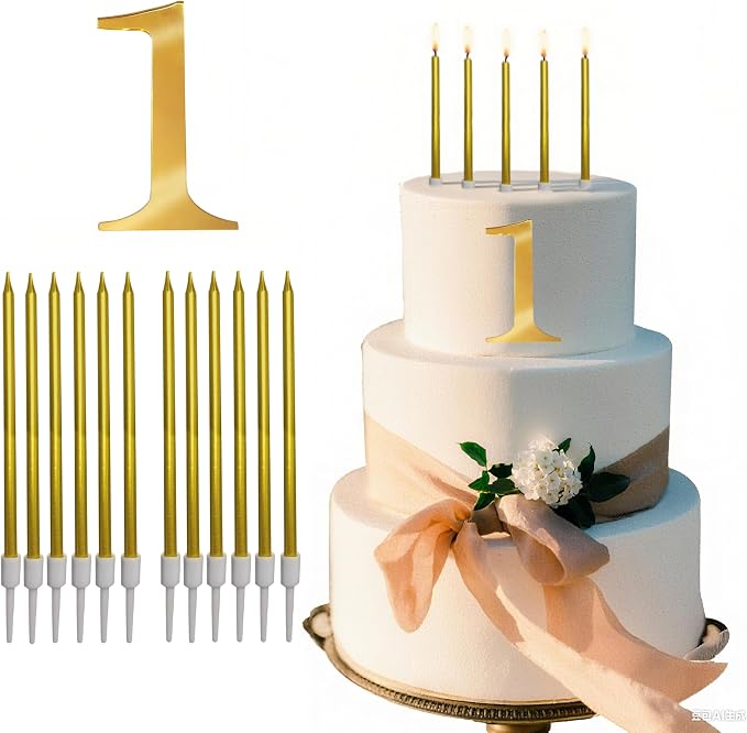 3.7IN Gold Acrylic Number 1 Cake Topper with 12 Gold Long Candles - Perfect for 1st Birthday Party Supplies, Ideal for Cake Decoration