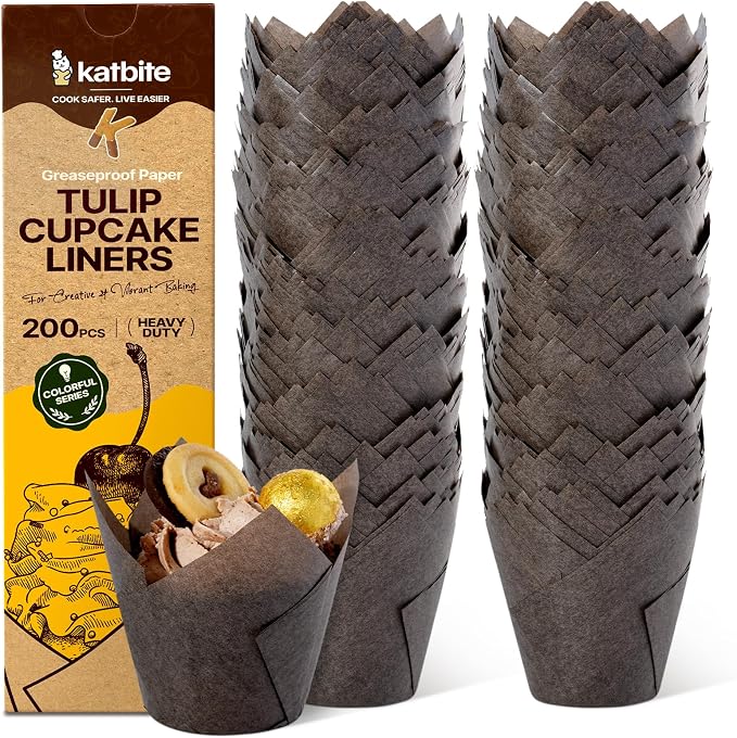 Katbite Tulip Cupcake Liners 200PCS, Muffin Baking Cupcake Liners Holders, Baking Cups, Cupcake Wrapper for Party, Wedding, Birthday, (Coffee)