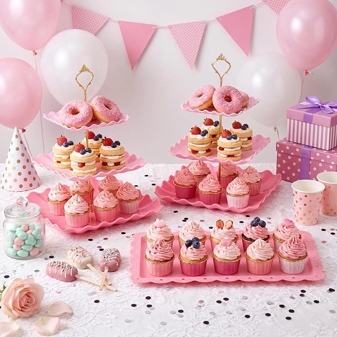 FoldTier 6 Pack Cupcake Stand Set 3 Pcs 3 Tier Gradient Dessert Table Display Stands Cookie Tray Rack 3 X14 in Rectangle Party Trays for Wedding Birthday Tea Party Baby Shower(Pink,Rectangle)