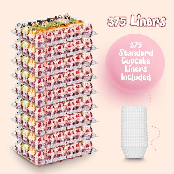 Hlukana (24 Pack x 15 Sets) Mini Cupcake Containers with 375 Pack Cupcakes Liners, Plastic Cupcake Holder, Stackable Mini Cupcake Boxes Carrier, Clear Disposable Cupcake Trays, High Dome - MINI SIZE