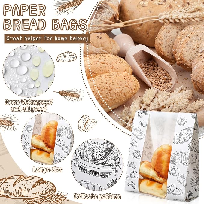 MotiMind 100 Packs Paper Bread Bags for Homemade Bread Sourdough 14 x 8.3 x 3.5 Inches Kraft Paper Bakery Bag with Window Label Seal Sticker for Baked Food Packaging Storage(White)