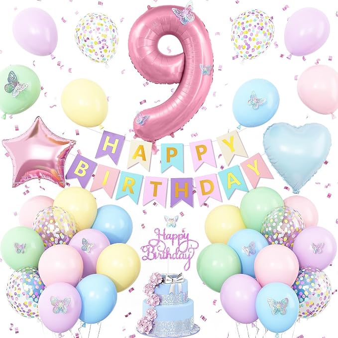 Pastel 9th Birthday Decorations for Girl,Macaron Rainbow 9th Party Decoration Colorful Balloons Banner Star Heart Number 9 Foil Balloon Cake Topper Butterfly Party Decorations