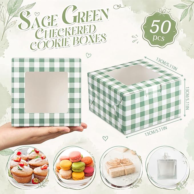 50 Pack Sage Green Gingham Cookie Boxes with Window, Plaid Small Bakery Treat Boxes for Pastry Donuts Macaroon Cupcakes, Wedding Bridal Shower Birthday Tea Party Baby Shower Favors