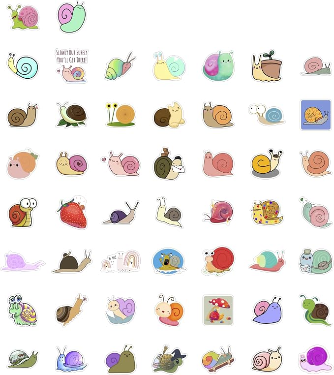 BulbaCraft 100Pcs Snail Stickers for Water Bottle and Laptop - Snail Party Supplies & Decorations, Waterproof Vinyl Decals, Cute Animal and Nature Stickers, Gifts for Women & Men