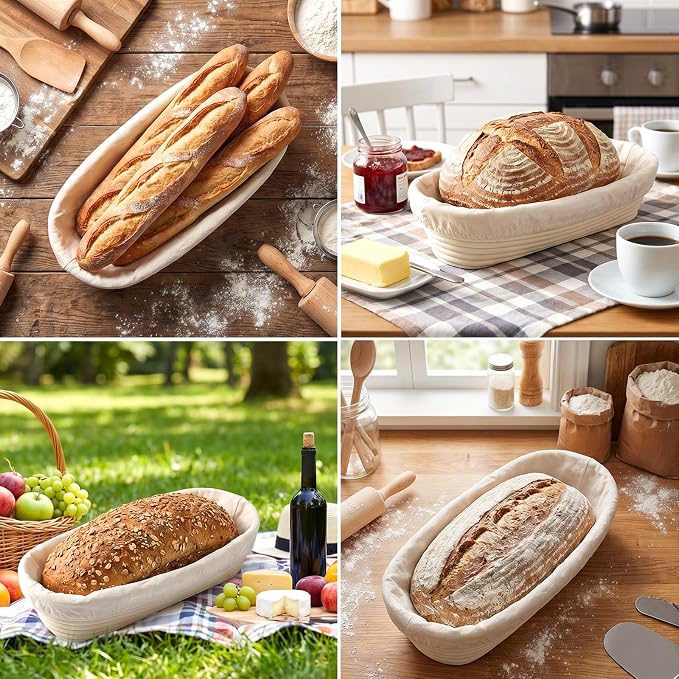 2 Pack 13 Inch Oval Bread Proofing Basket,Banneton Basket Bread Baking Bowl with Linen Liner Cloth, Perfect for Professional & Home Sourdough Breads Baking, Artisan Sourdough Breads