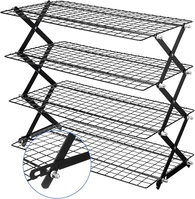 Sibba 4 Tier Collapsibl Cooling Rack, Adjustable 4 Setting Design Stainless Steel Baking Rack Stackable Roasting Cooking Drying Wire Cooling Racks for Cookies Baking Gifts for Women, Black