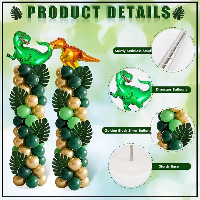 2 Sets Dinosaur Balloon Column Stand Kits Adjustable Green Gold Balloons Column Kit with Monstera Jungle Dinosaur Themed Tower Stand Kit for Dinosaurs Birthday Kids Baby Shower Party Supplies