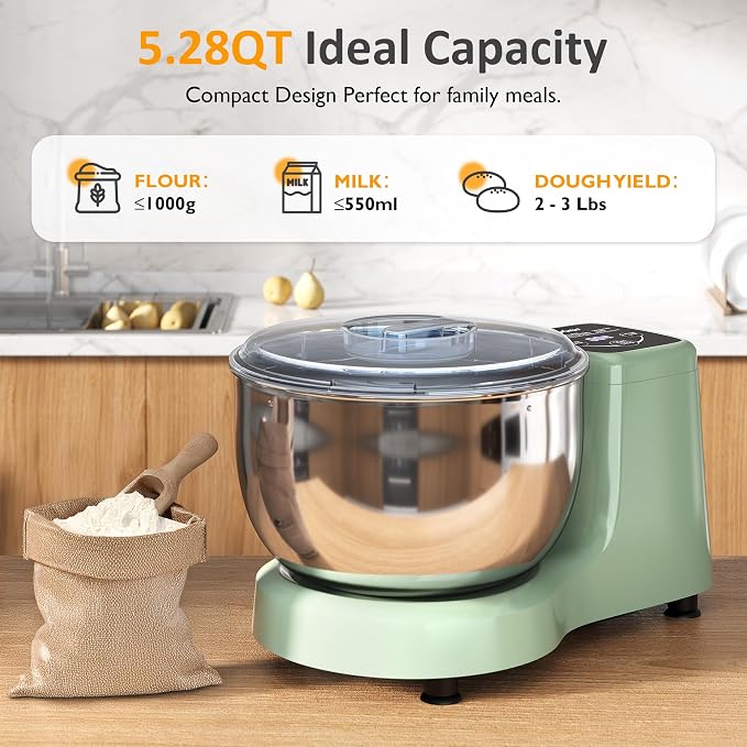 Sunvivi Electric Dough Maker with Ferment Function, 5.3QT Dough Mixer with Adjust Time, Household Stand Mixer Kitchen Flour Kneading Machine, LED Touch Panel, 304 Stainless Steel Bowl, Green