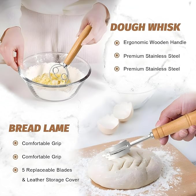 Complete Sourdough Starter Kit with Banneton Bread Proofing Baskets | 26-Piece Set with Starter Jar, Lame, Dough Whisk, Scraper & Sling - Sourdough Baking Supplies Gift for Beginners