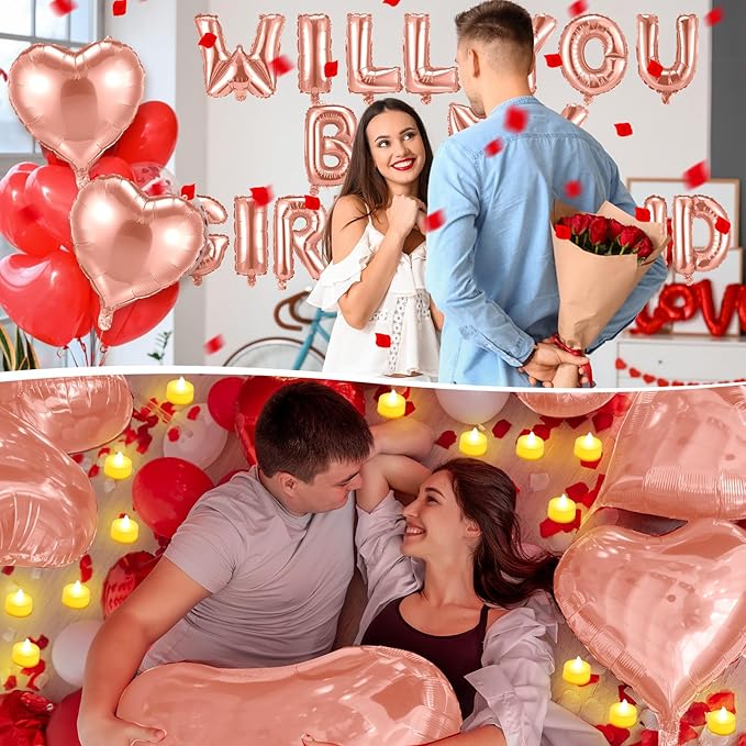 HyDren 18" Will You Be My Girlfriend Balloons Letters Kit Include Heart Shaped Balloons and LED Tealight Candles with Rose Petals Romantic Girlfriend Proposal Kit Valentines Day Decorations(Rose Gold)