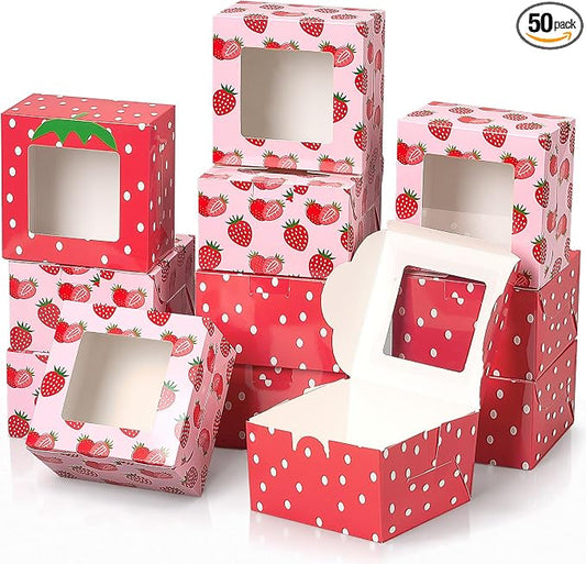 50 Pack Strawberry Cookie Boxes with Window, Berry Sweet Treat Boxes for Berry First Birthday, Strawberry & Summer Party Bakery Favors for Cookies, Macarons & Cupcakes
