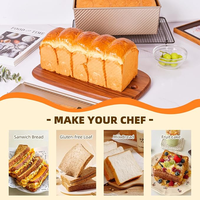 SUNCITY Pullman Loaf Pan with Lid, 2.2 lb Capacity Nonstick Baking Pan for Bread,Gold Aluminized Steel Rectangle Pullman Loaf Pan for Sandwich Bread Baking