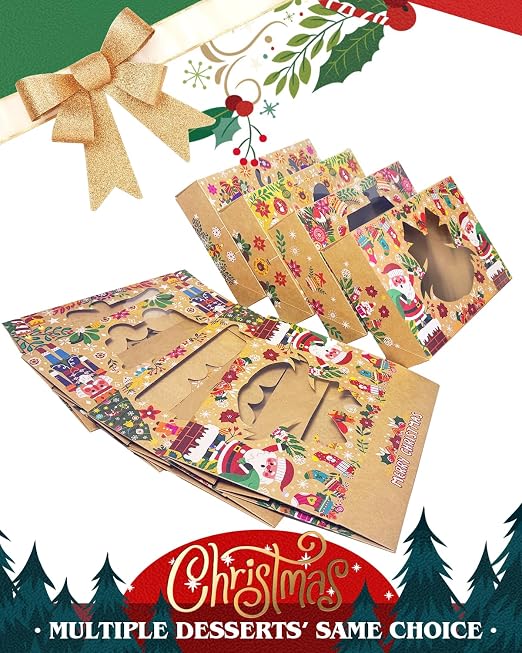 qiqee Christmas Bell version Cookie Boxes with Window 12packs 12x8x2.5 Inch Bakery Box Pastry Box for Christmas