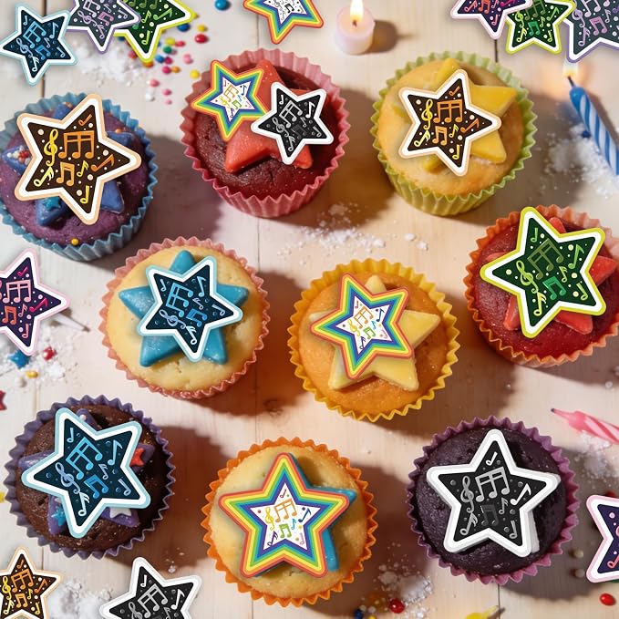 48PCS Edible Musical Notes Star Cupcake Toppers Wafer Paper Music Symbol Cake Picks Music Concert Cake Topper Edible Musical Cupcake Picks for Concert Theme Party Decor