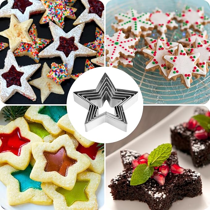 5 Pcs Star Cookie Cutter Set, Cutters Stainless Steel Five-Pointed Star Edge Cookie Cutters Fondant Biscuit Sandwich Cheese Cutter Star Shapes Molds Pastry Mold Bakeware Tools
