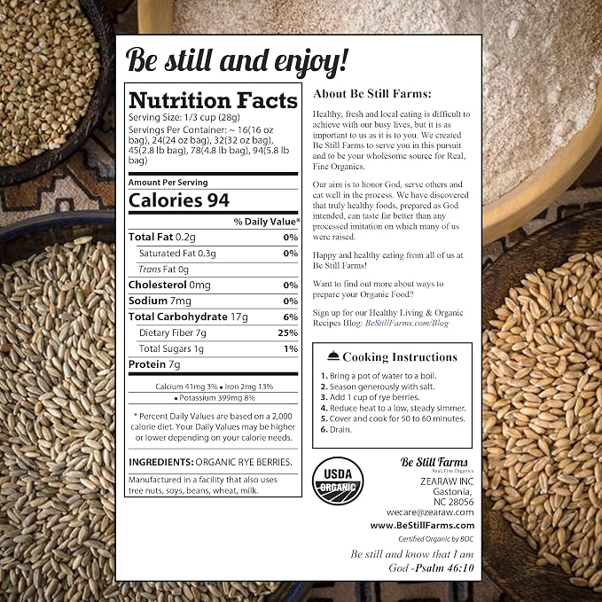 Be Still Farms Organic Rye Berries Bulk (5.8 lb) - Whole Rye Grain Seeds - Kernels Great for Flour, Bread, Cereal - High in Fiber & Protein | USA Grown | USDA Certified | Vegan | Non-GMO