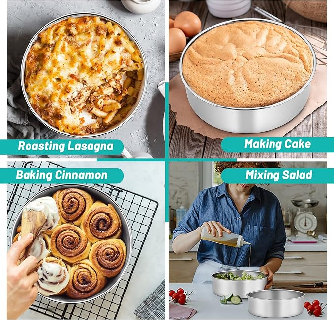 TeamFar 6/8 / 9 Inch Cake Pan, Stainless Steel Round Baking Pan for Cake Brownie Lasagna, Non-Toxic & Heavy Duty, 3” Deep Wall & One Piece, Smooth & Dishwasher Safe-Set of 3
