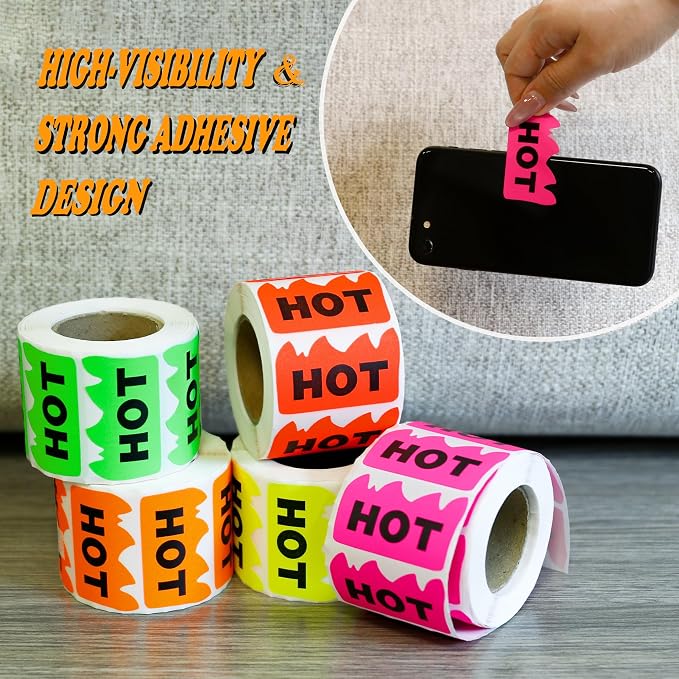 Hybsk 500pcs Rave Hot Stickers 2 x 1-1/5 Inch Fluorescent Hot Flame Fire Shape Labels Marking Items for Restauresent Supermarkets Stores Shops (Fluorescent Orange)