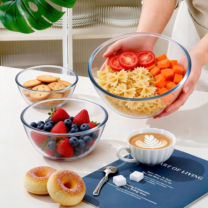 Glass Mixing Bowls with Lids Set(4.68 QT+ 2.89 QT+ 1.1QT)-Large Glass Mixing Bowls, Clear Salad Bowl for Baking, Cooking, Serving, Food Prep, 3PC Nesting Bowls for Kitchen Storage & Dishwasher Safe
