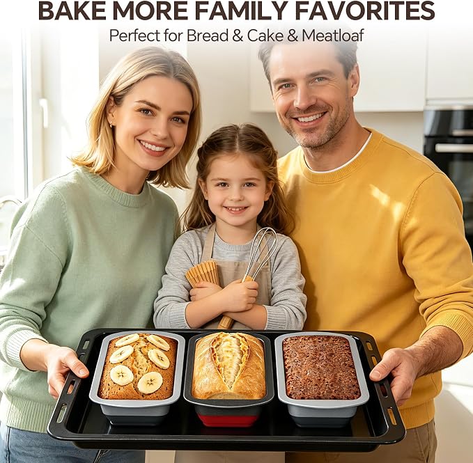 Bread Pans Set of 2, Nonstick 1 lb Loaf Pan With Pop Out Bottom | Banana Bread Pan With Silicone Bottom & Sturdy Metal Frame, Meatloaf And Pound Cake Pans, 8.5*4.5 IN, Silver & Gray